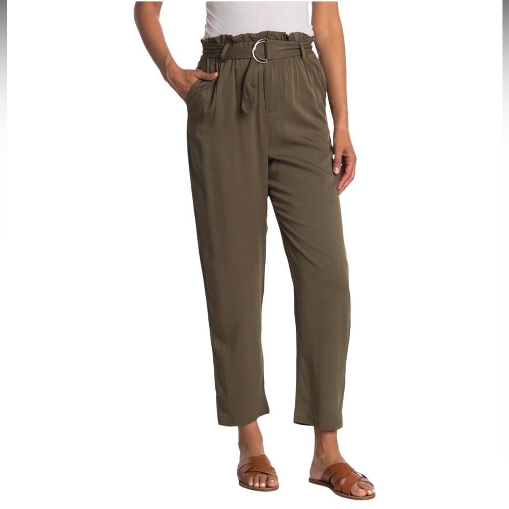 NWT ABOUND Nordstrom Belted Tie Ruffled Paperbag Pants Green Olive Night Large L